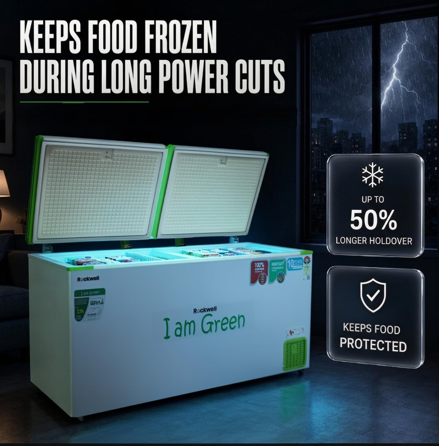 Rockwell 550 GREEN Deep Freezer, 5 Star, Double Door, Fast Cooling